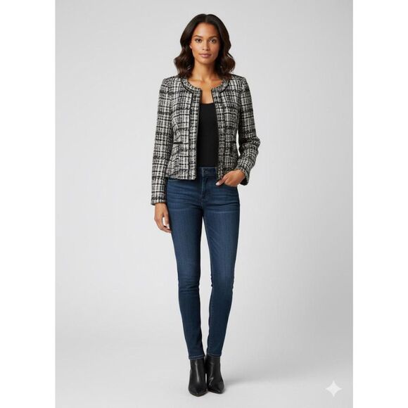 Ann Taylor Tweed Boucle Wool Blazer Women’s 8 Black Grey Blue Jacket Zip Office - Picture 2 of 8